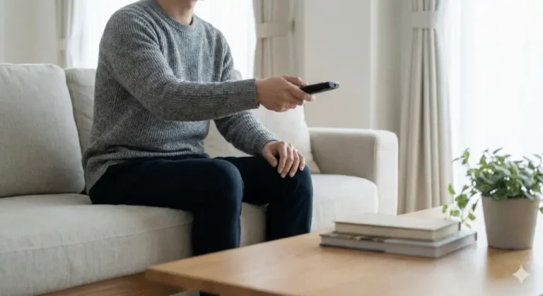 Man op de bank met afstandsbediening als metafoor voor de pauzeknop indrukken bij stress
