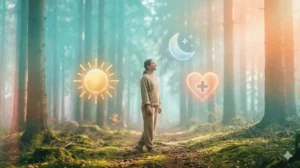 Spirituele afbeelding van persoon in balans tussen zon en maan symbool voor Yin en Yang harmonie