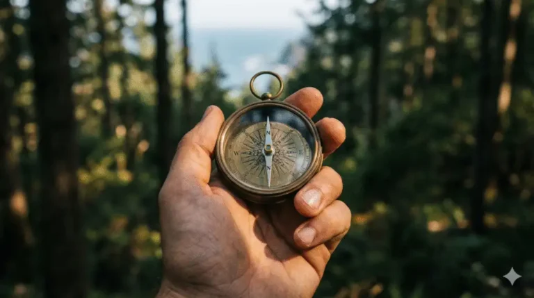 Hand houdt kompas vast in het bos als symbool voor het vinden van je interne balans en richting