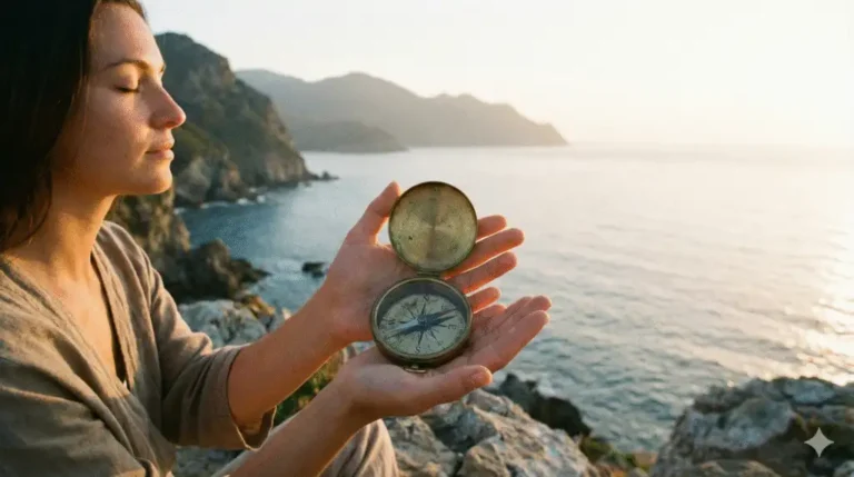 Kompas bij de zee visualiseert het bepalen van een nieuwe koers richting vitaliteit