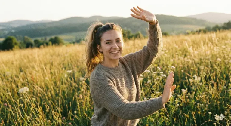 Vrouw maakt zwaaibeweging in de buitenlucht symbool voor het loslaten van negatieve energie