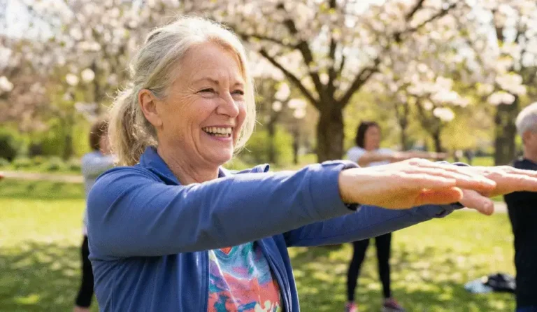 Lachende oudere vrouw geniet van Qigong groepsles in het park voor sociale verbinding en beweging