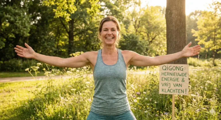 Vrouw met open armen in de natuur ontvangt nieuwe Qi energie en straalt vitaliteit uit