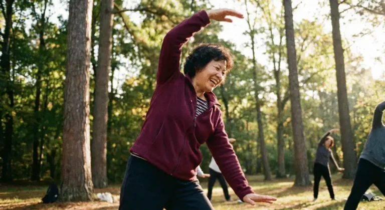 Vrouw doet zijwaartse strekking in het bos om de galblaasmeridiaan te openen en flanken te rekken