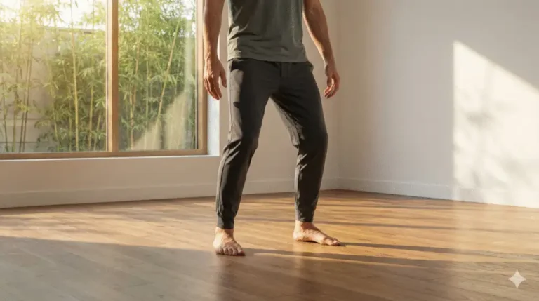 Persoon in de Wuji basishouding als startpunt voor elke Qigong sessie