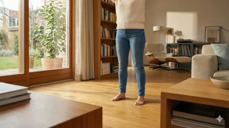 Vrouw oefent Qigong in spijkerbroek om te laten zien dat je geen speciale sportkleding nodig hebt