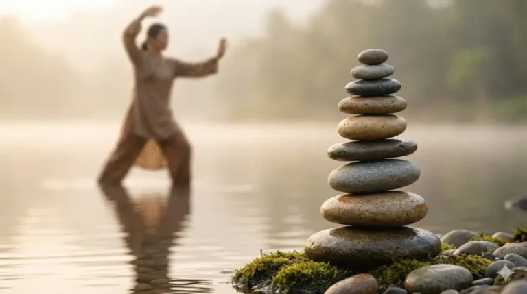 Zen stenen stapel bij water met Qigong silhouet voor mentale balans en rust