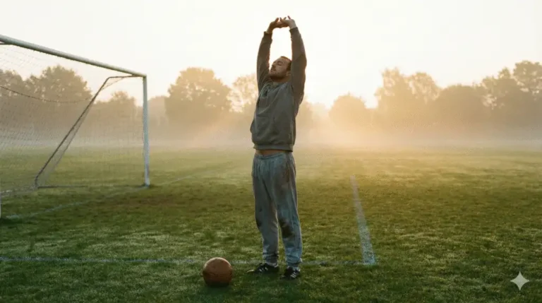 Man rekt zich uit in de ochtendzon om zijn meridianen te openen en energie te wekken